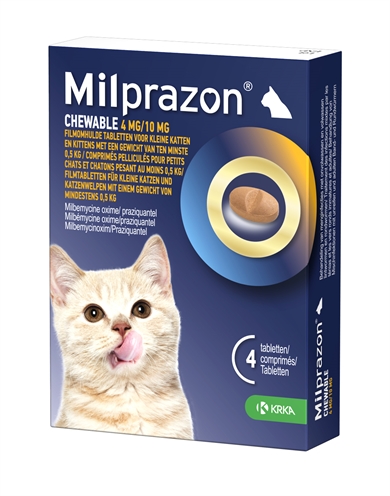 Krka Milprazon Kauwtabletten Ontwormingstabletten Kat >0,5 KG 4 Mg/10 Mg 4 Tbl