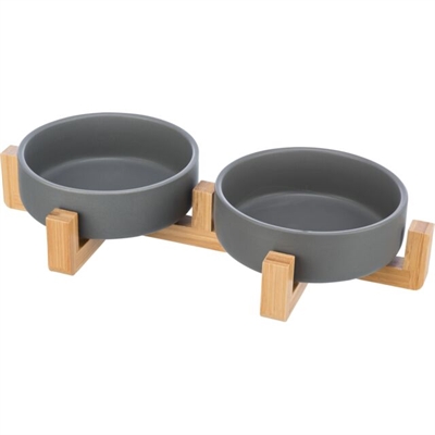Trixie Voer- en Drinkbak Set Keramiek Grijs/Hout 31x16x6 cm 2x300 ml