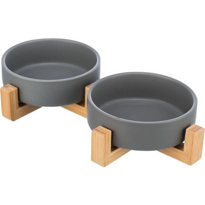 Trixie Voer- en Drinkbak Set Keramiek Grijs/Hout 31x16x6 cm 2x300 ml