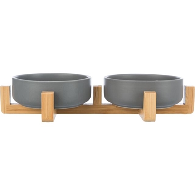 Trixie Voer- en Drinkbak Set Keramiek Grijs/Hout 31x16x6 cm 2x300 ml