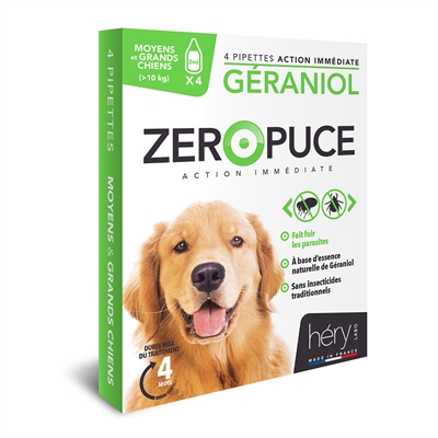 Hery Zeropuce Vlooiendruppels Hond Geraniol Zonder Chemicalien L Boven 10 KG 4 Pip