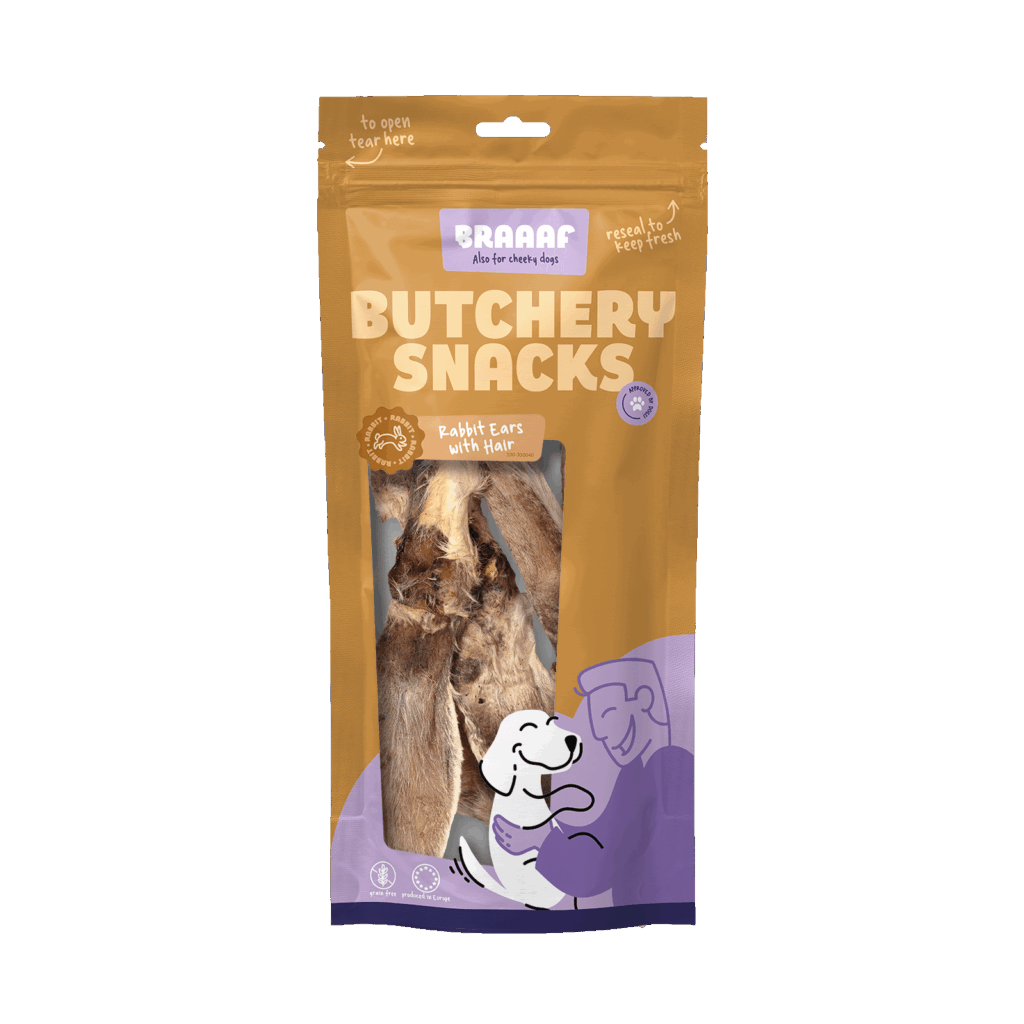 Braaaf Butchery Snacks Konijnenoren met haar 80 g - afbeelding 1