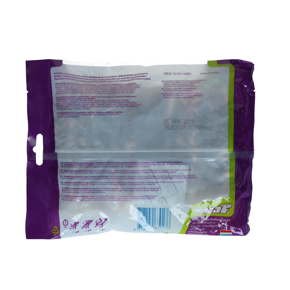 Braaaf Rawhide Roll Sticks Rund & Vis - 25 st. - afbeelding 3