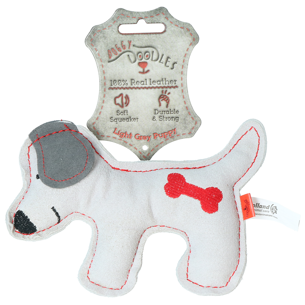 Doggy Doodles Puppy Lichtgrijs Runderleer Knuffeltje met Pieper - afbeelding 1
