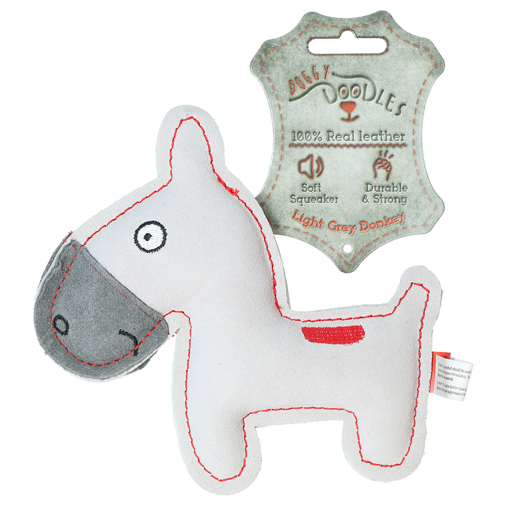 Doggy Doodles Ezel Lichtgrijs - Runderleer Knuffeltje voor Puppy - afbeelding 1