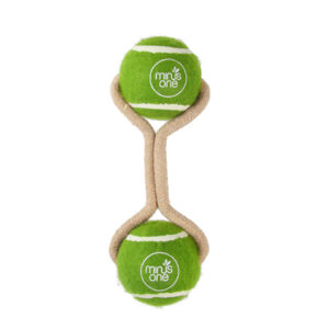 Minus One Dog Tennis Ball Rope Toy met 1 of 2 tennisballen
