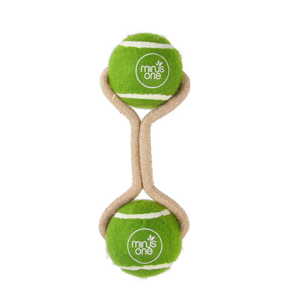 Minus One Dog Tennis Ball Rope Toy met 1 of 2 tennisballen